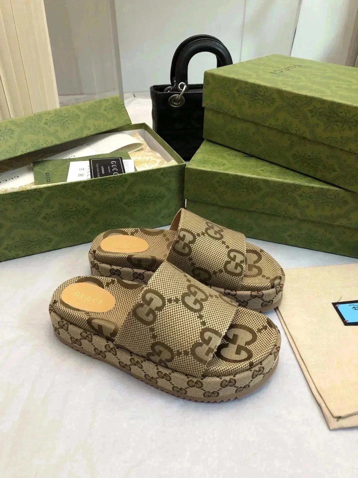 Gucci GG Marmont Platform Slide Sandals Beige Monogram