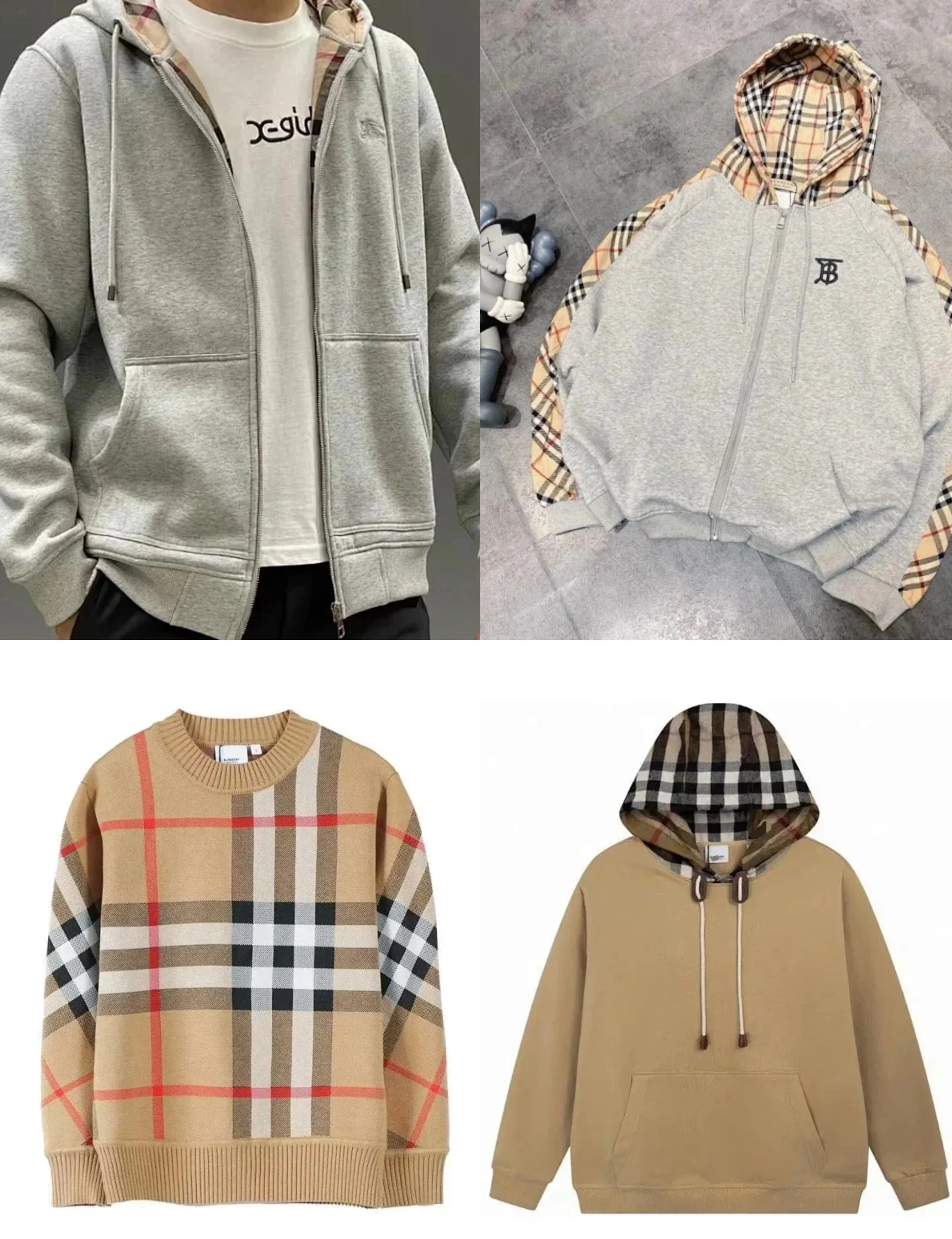 Burberry Iconic Check Hoodie Gray with Beige Plaid Lining