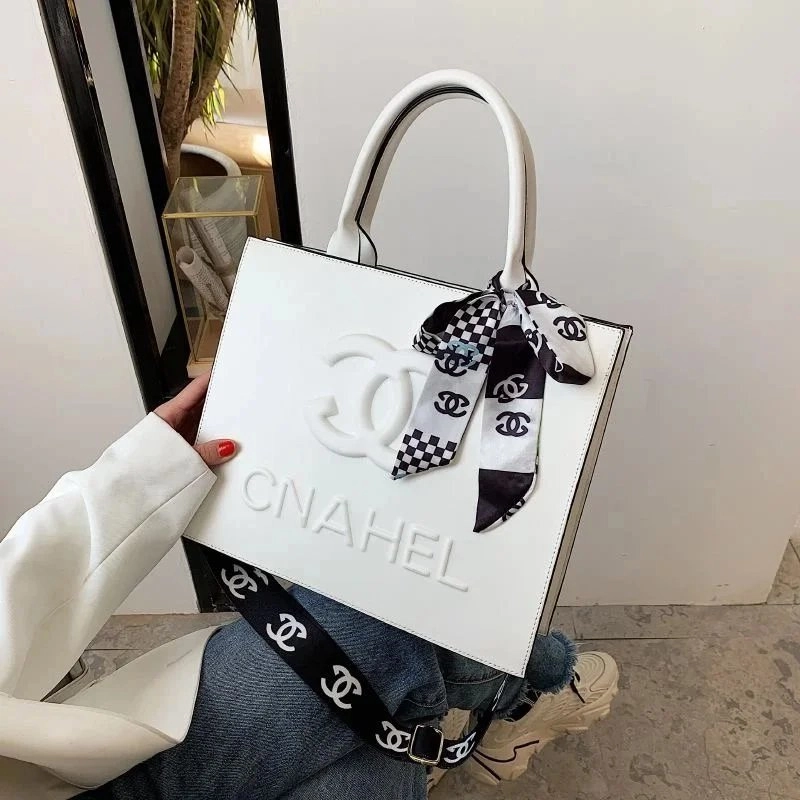 Chanel White Leather Tote Bag with Embossed Logo and Silk Scarf