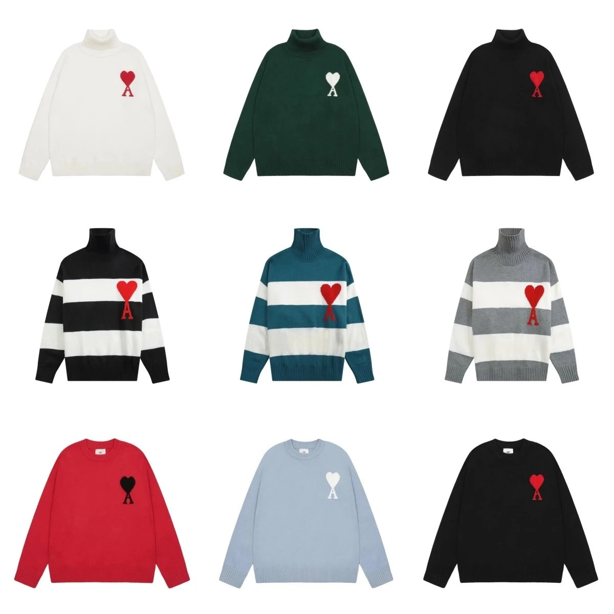Ami Paris Heart Logo Turtleneck Sweater - White Green Black