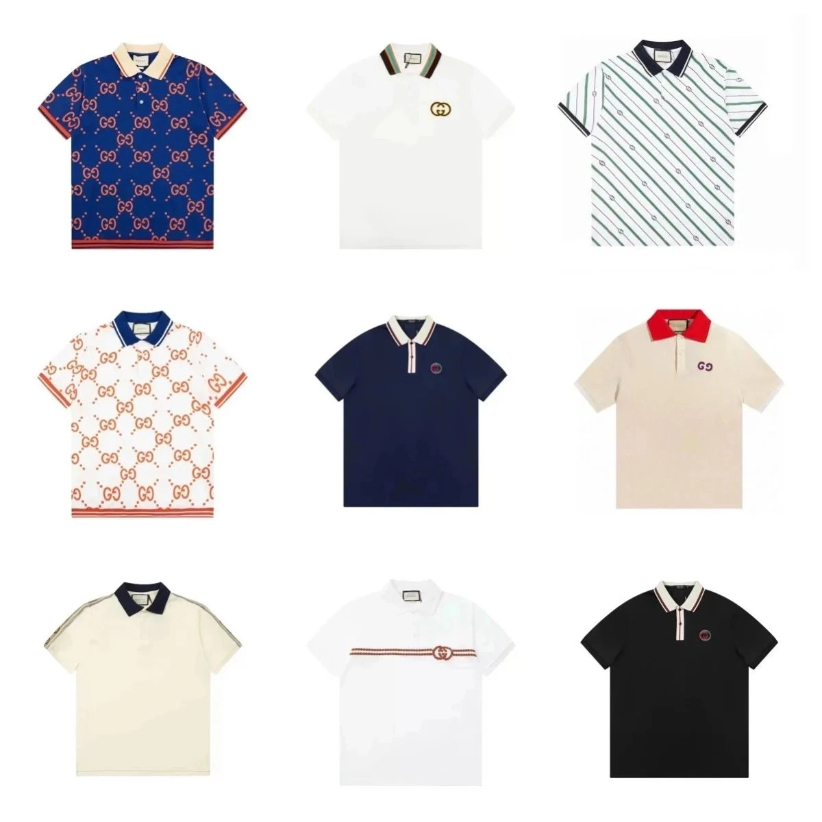 Gucci GG Pattern Blue Polo Shirt with Red Trim and Logo Collar