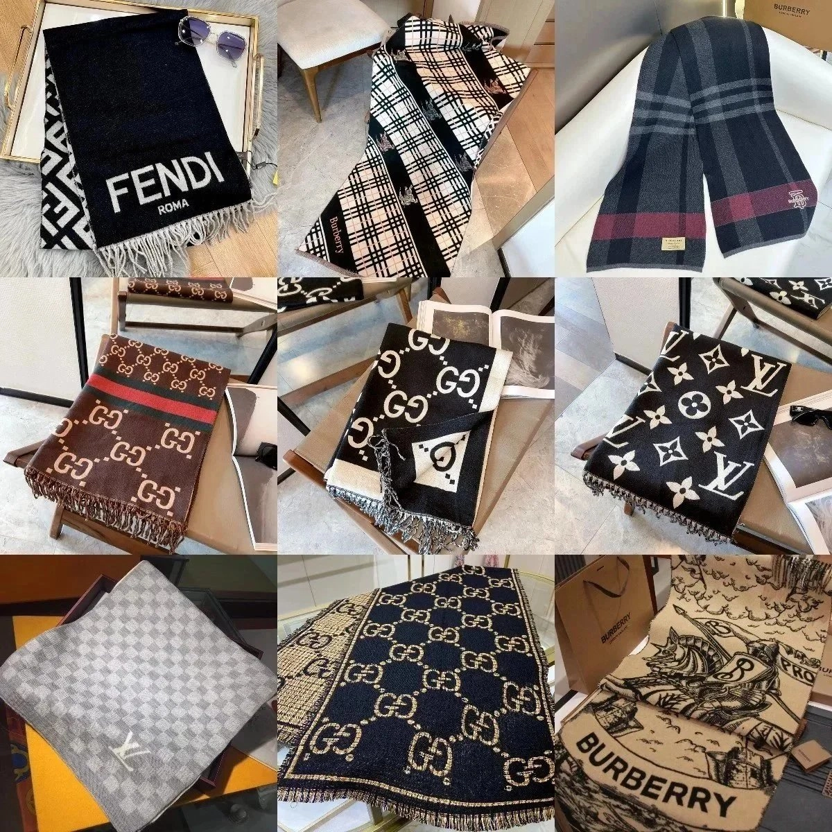 FENDI Roma Black Logo Scarf with White Fringe Edge