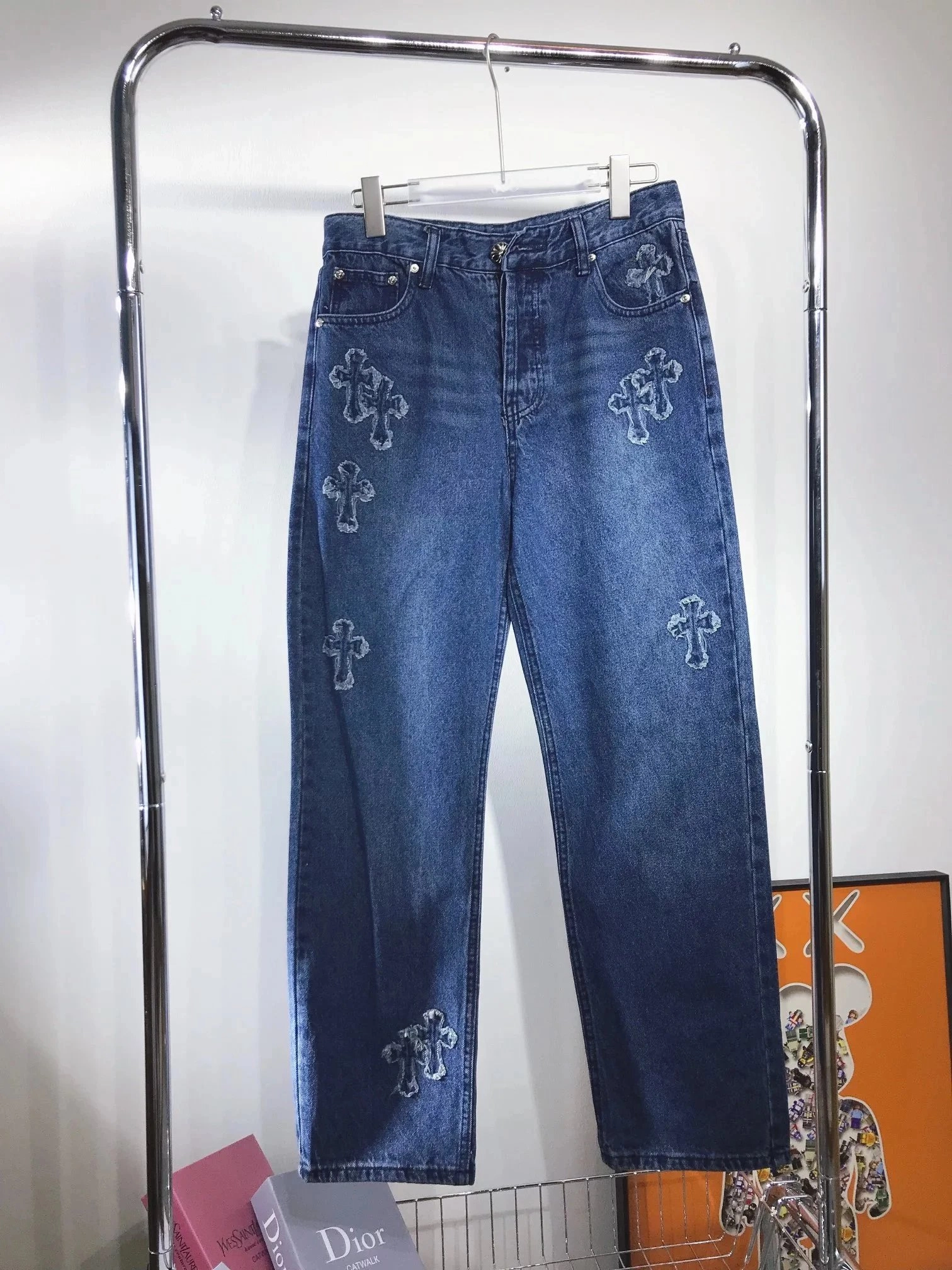 Chrome Hearts Distressed Cross-Embroidered Straight-Leg Jeans