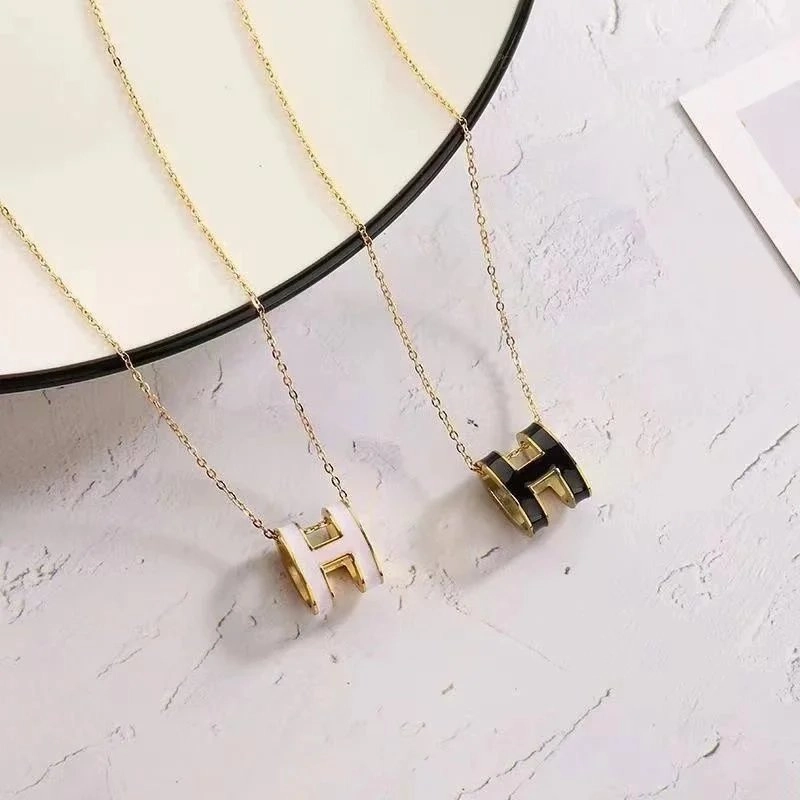 Herm&egrave;s H Pendant Necklace Gold Chain Black White Enamel
