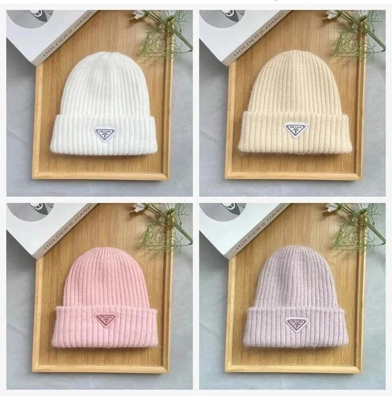 Prada Ribbed Knit Beanie with Triangle Logo - White/Cream/Pink/Lilac