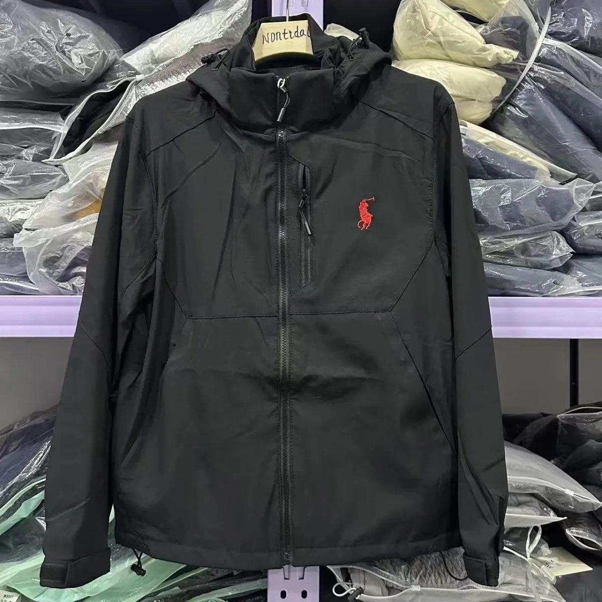 Polo Ralph Lauren Black Hooded Windbreaker Jacket with Red Pony Logo