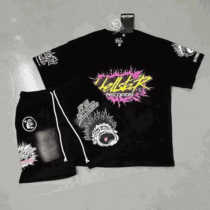 Hellstar Records Black Graphic T-Shirt and Shorts Set