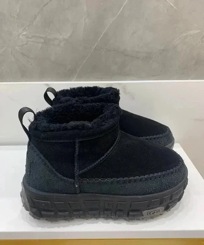UGG Classic Mini Fluff Black Suede Shearling-Lined Winter Boots