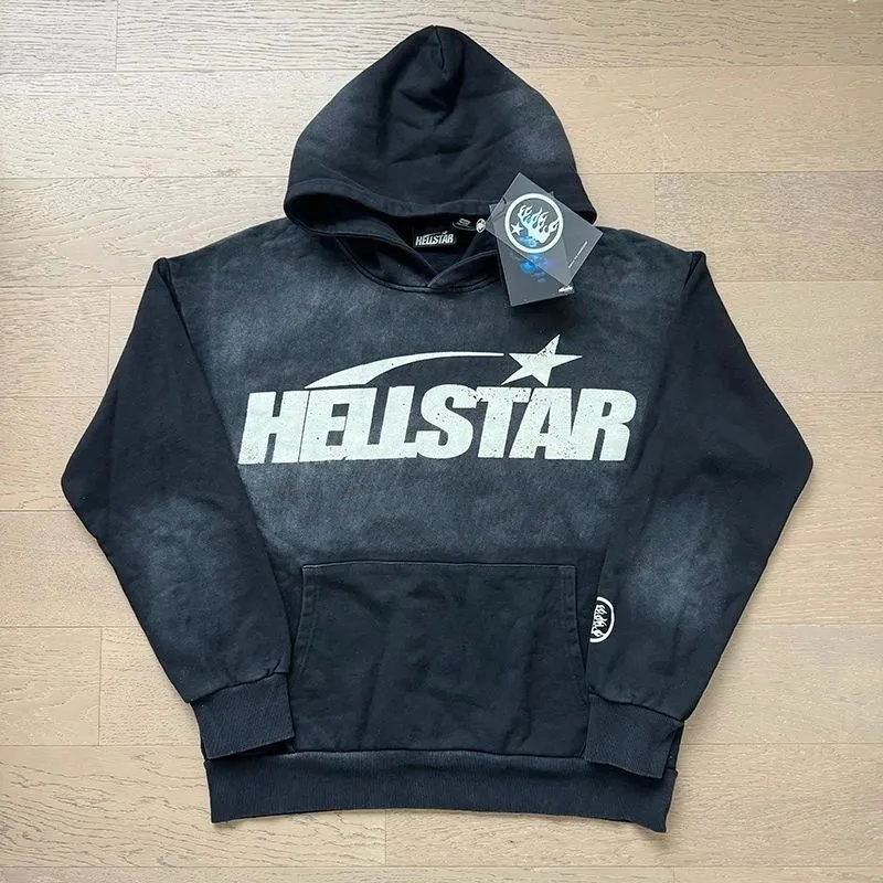 HELLSTAR Distressed Black Hoodie with Star Logo Graphic