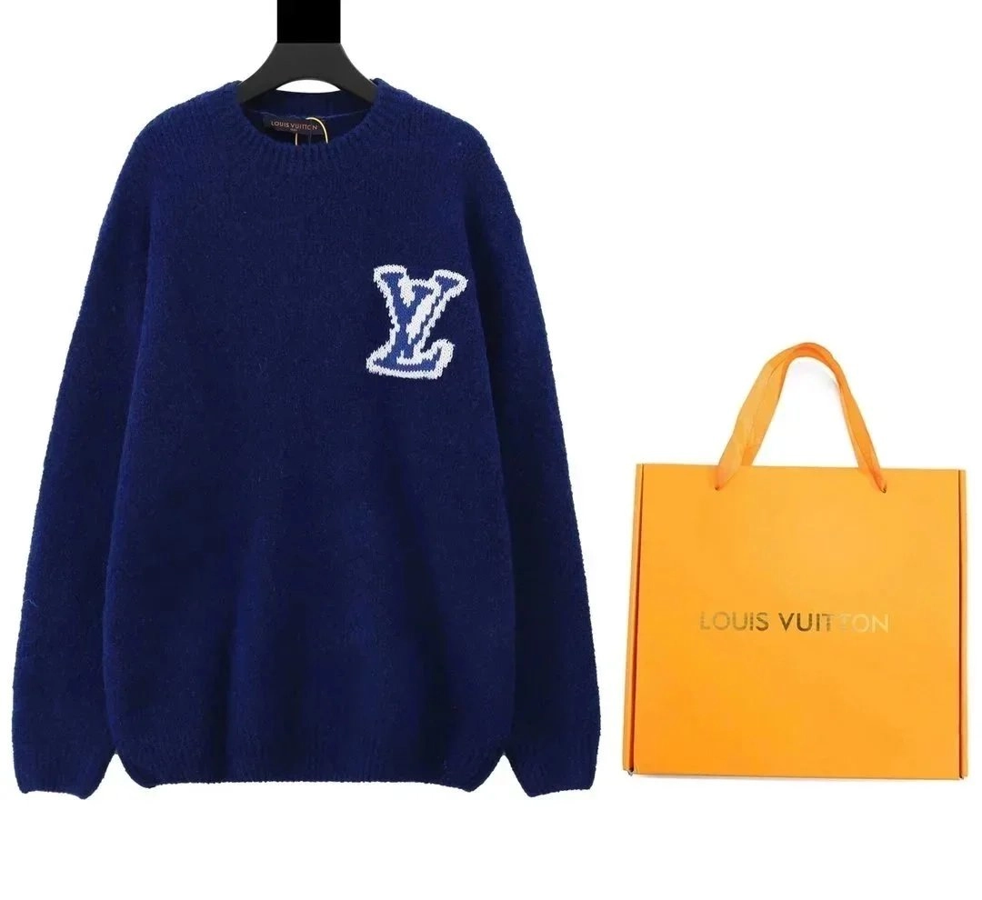 Louis Vuitton Monogram Knit Sweater Navy Blue with Embroidered LV Logo