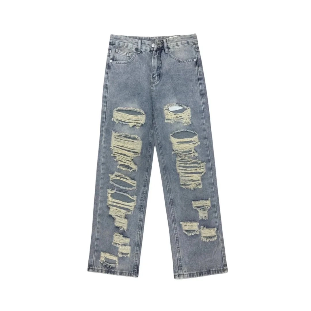 Distressed Wide-Leg Denim Jeans - Light Wash with Multiple Rips