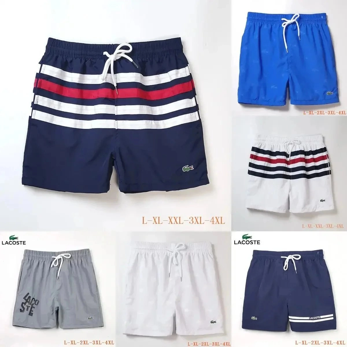 Lacoste Classic Stripe Swim Trunks Navy White Red