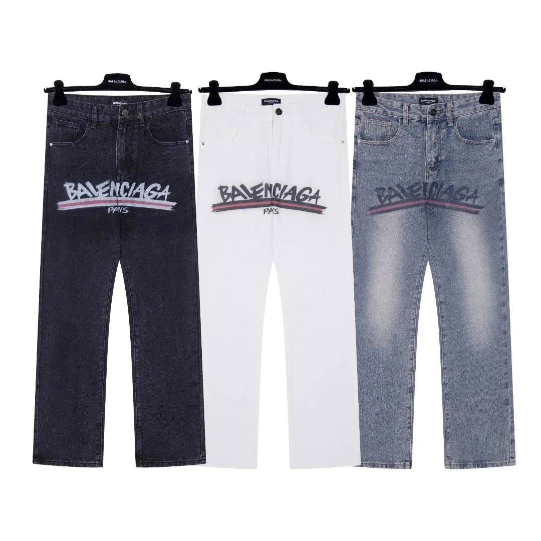 Balenciaga Paris Logo Print Denim Pants - Black White Light Blue