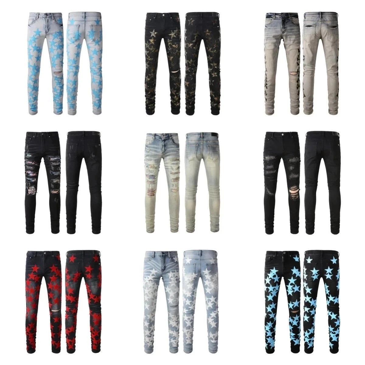 Amiri Star-Print Distressed Skinny Jeans - Blue Stars on Light Wash