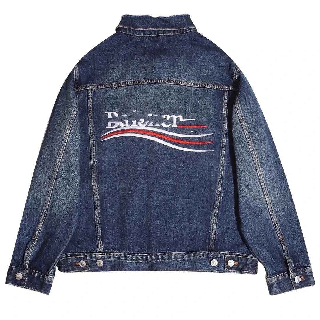 Balenciaga Denim Jacket with Embroidered Logo and Red-White Waves
