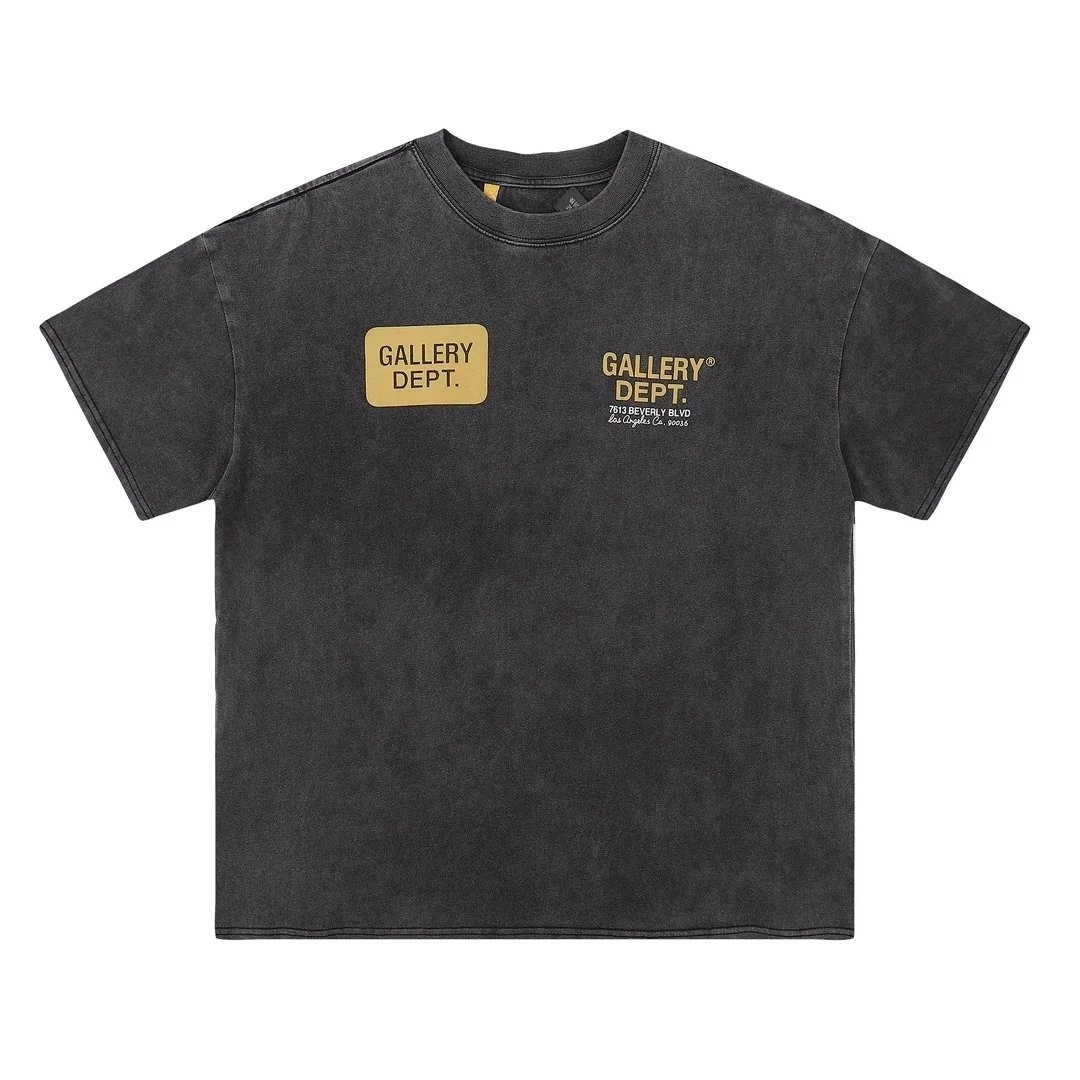 Gallery Dept. Distressed Black T-Shirt with Gold Logo Patch