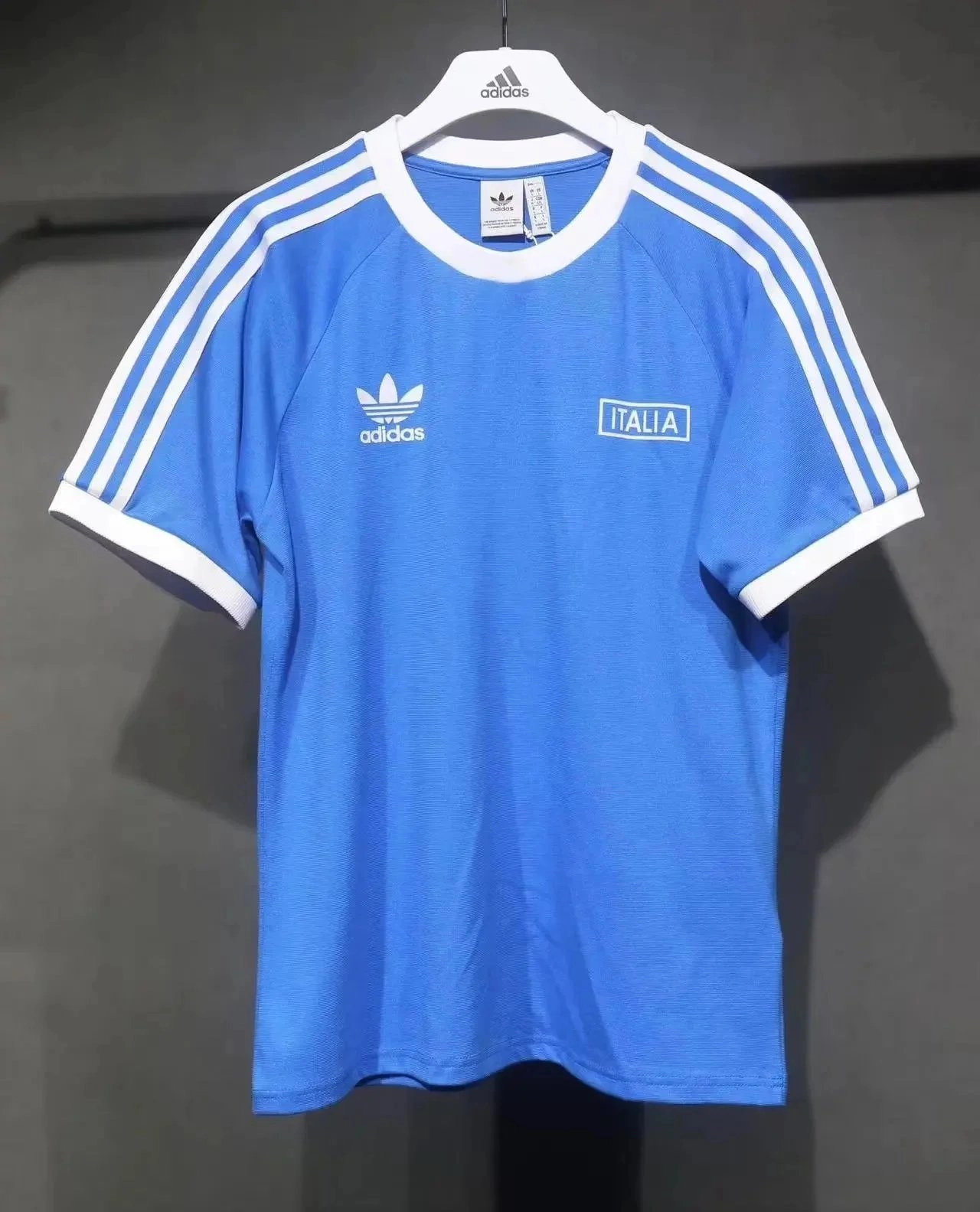 Adidas Italia Retro T-Shirt Blue White Three-Stripe Design