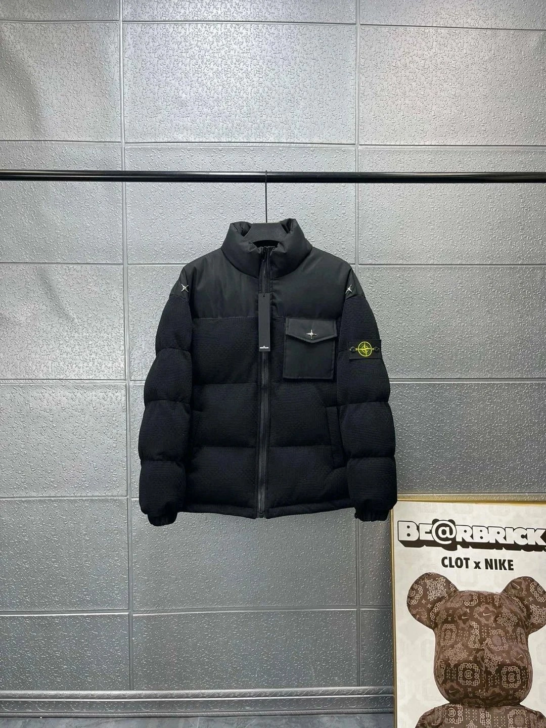 Stone Island Black Puffer Jacket with Corduroy Sleeves and Compass Patch