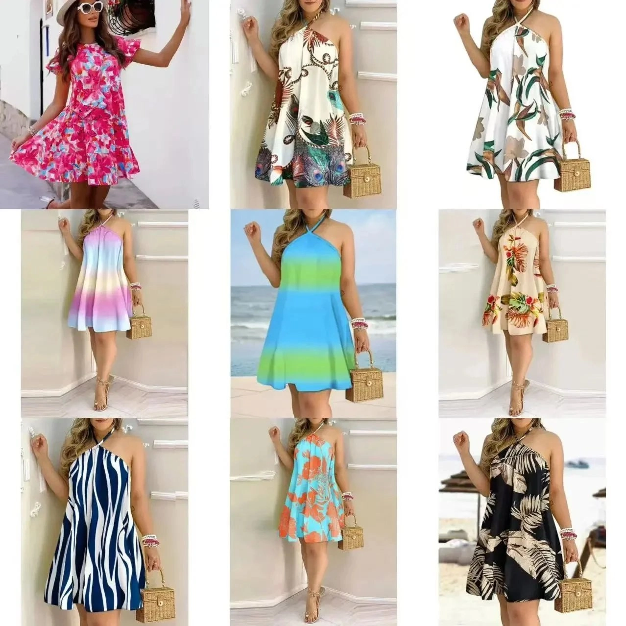 Halter Neck Floral Print A-Line Mini Dress with Ruffle Sleeve
