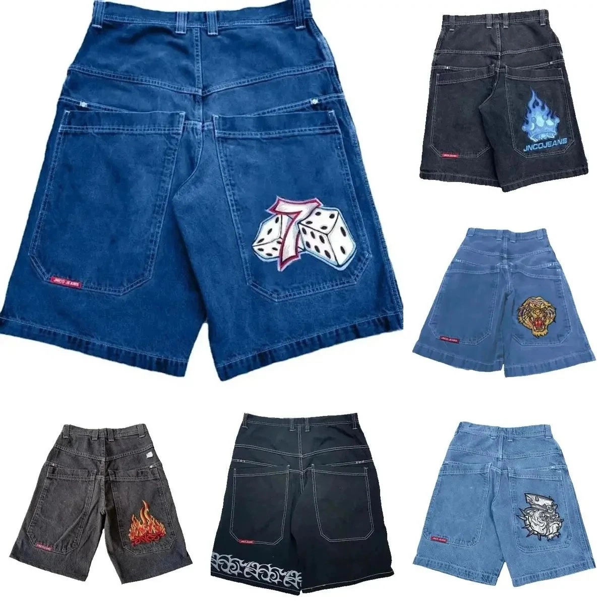 JNCO Jeans Vintage Denim Shorts with Dice 7 Patch - Deep Blue