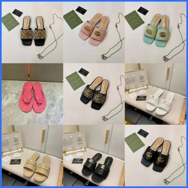 Gucci Marmont GG Logo Slide Sandals in Beige Gucci Monogram