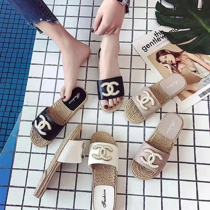 Chanel CC Logo Pearl-Embellished Espadrille Slide Sandals