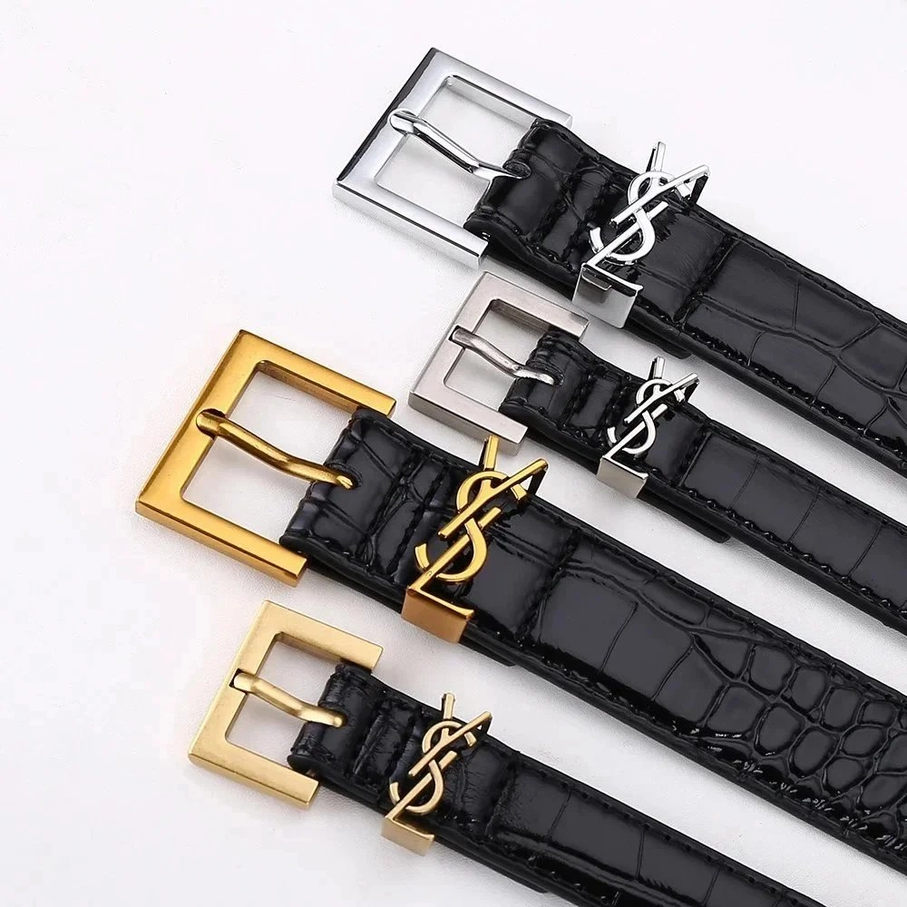 Saint Laurent Monogram Croc-Embossed Leather Belt - Black