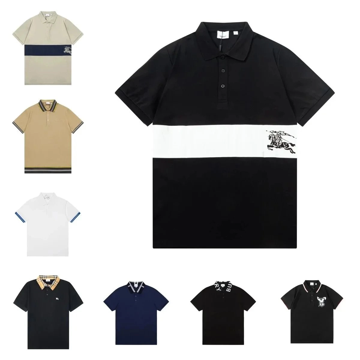 Burberry Classic Polo Shirt Black White Stripe Equestrian Knight Logo