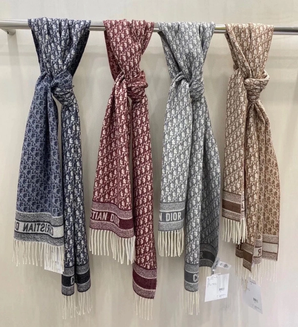 Dior Oblique Pattern Wool Scarf with Fringe Edge and Logo Band
