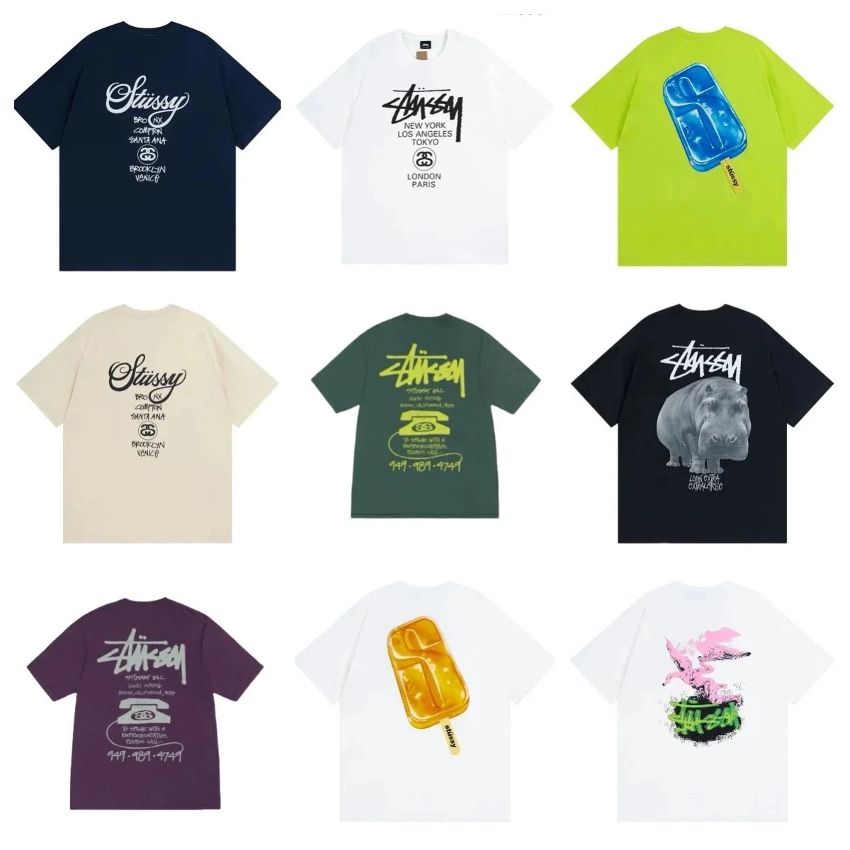 St&uuml;ssy Ice Pop Graphic T-Shirt - Neon Lime with Blue Popsicle Print