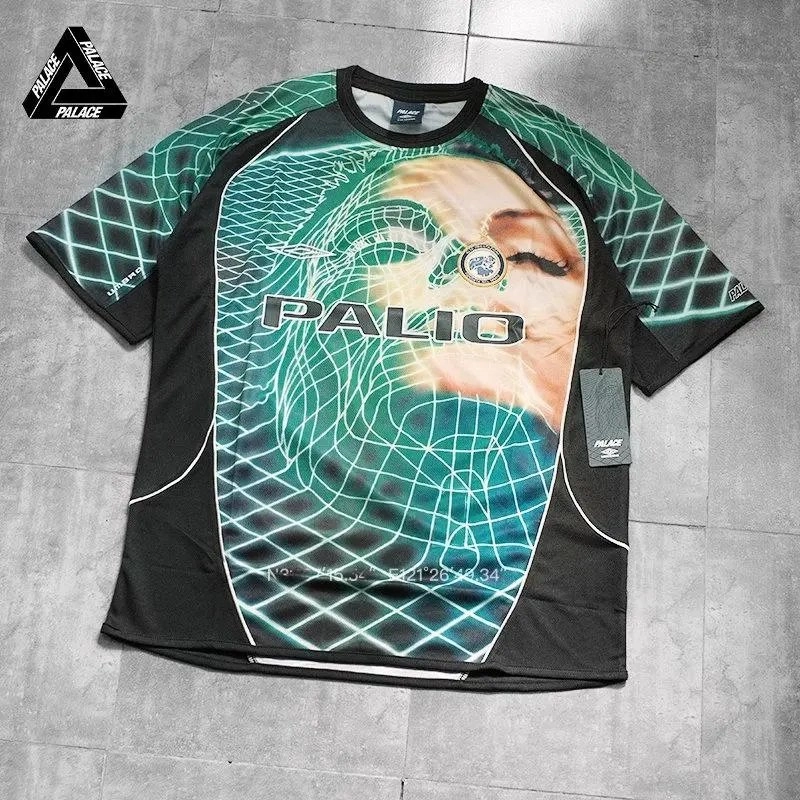 Palace Grid Face Print T-Shirt - Black Green Cybernetic Design