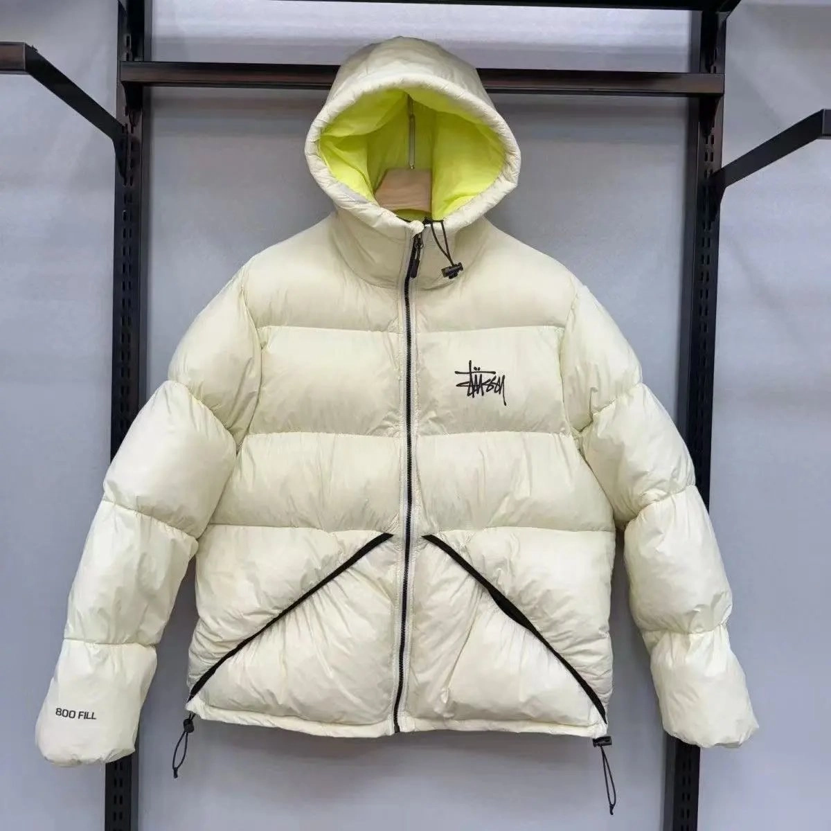 Stussy 800 Fill Puffer Jacket - Cream with Neon Yellow Lining