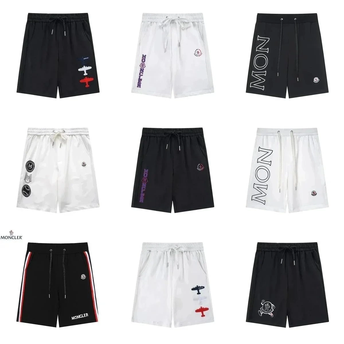 Moncler Logo-Print Drawstring Shorts - Black with Airplane Motif