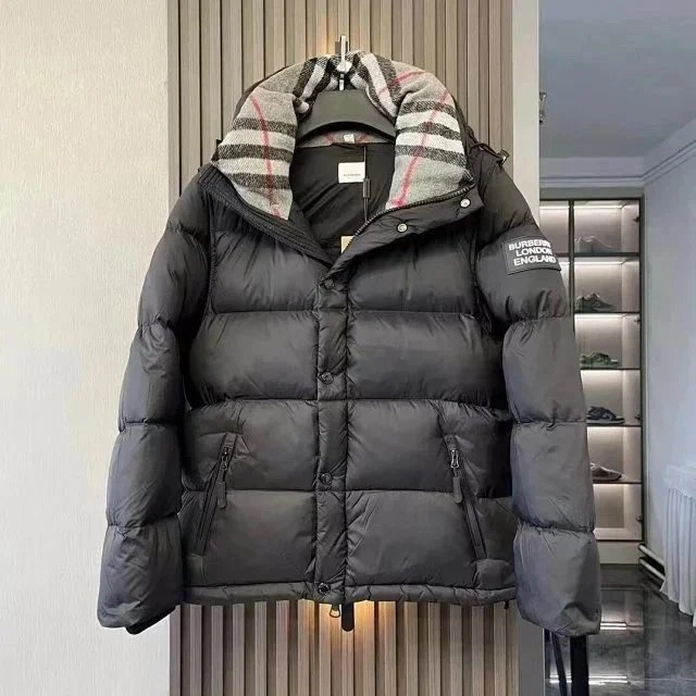 Burberry Moncler-Style Puffer Jacket with Check Hood Trim