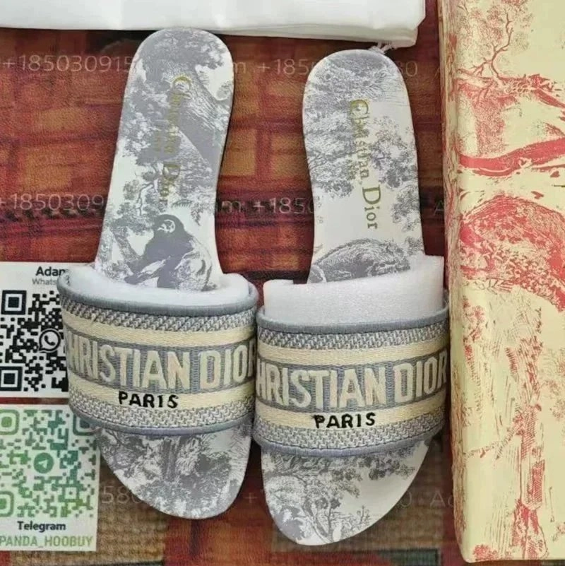 Christian Dior Jardin Print Slide Sandals Gray Toile Pattern