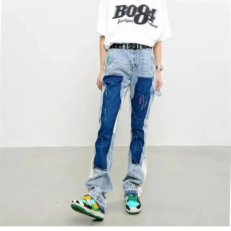 BO84 Patchwork Distressed Wide-Leg Denim Jeans Blue