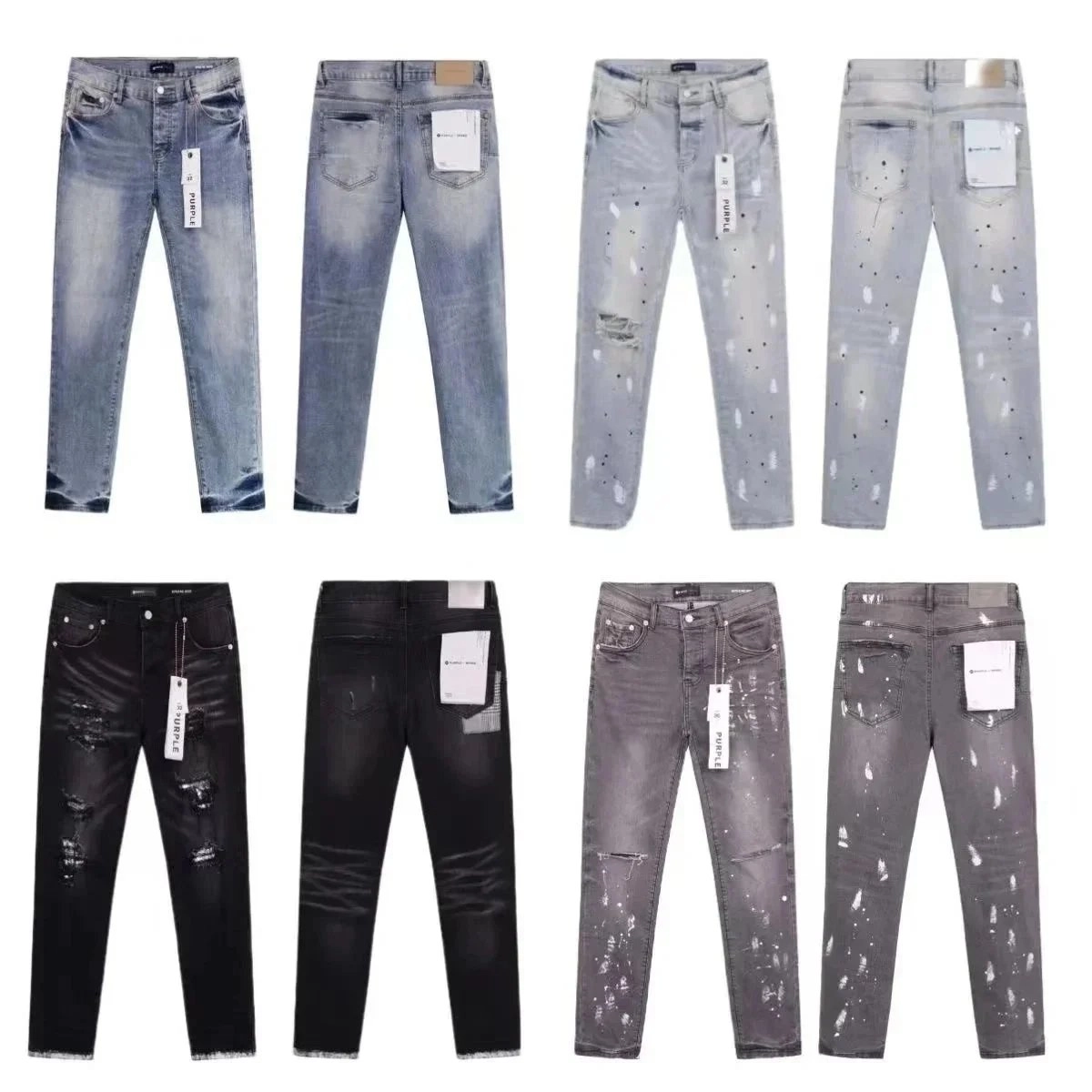 Purple Distressed Paint-Splatter Slim Fit Jeans - Light Blue