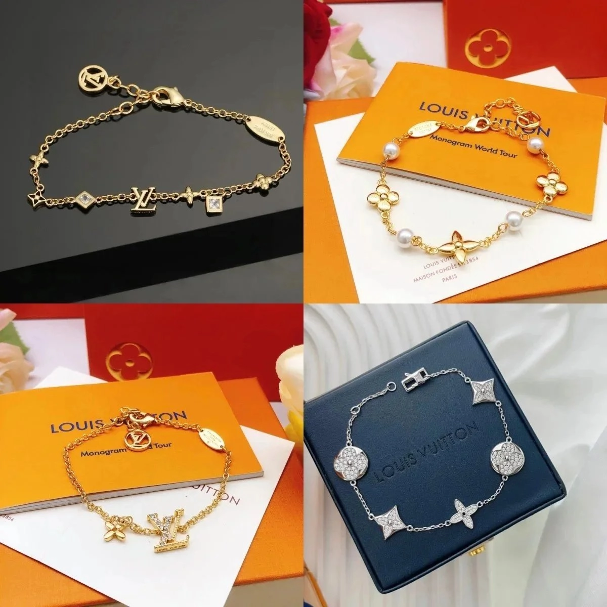 Louis Vuitton Monogram World Tour Gold Chain Bracelet with Pearls and LV Motif
