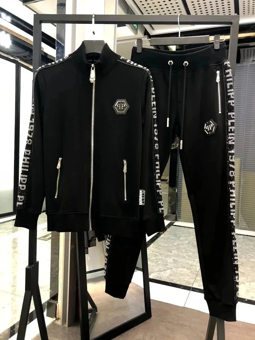 Philipp Plein Black Logo-Embellished Track Jacket with Striped Sleeves