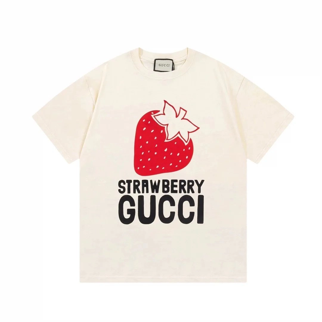 Gucci Strawberry Print Cotton T-Shirt Cream