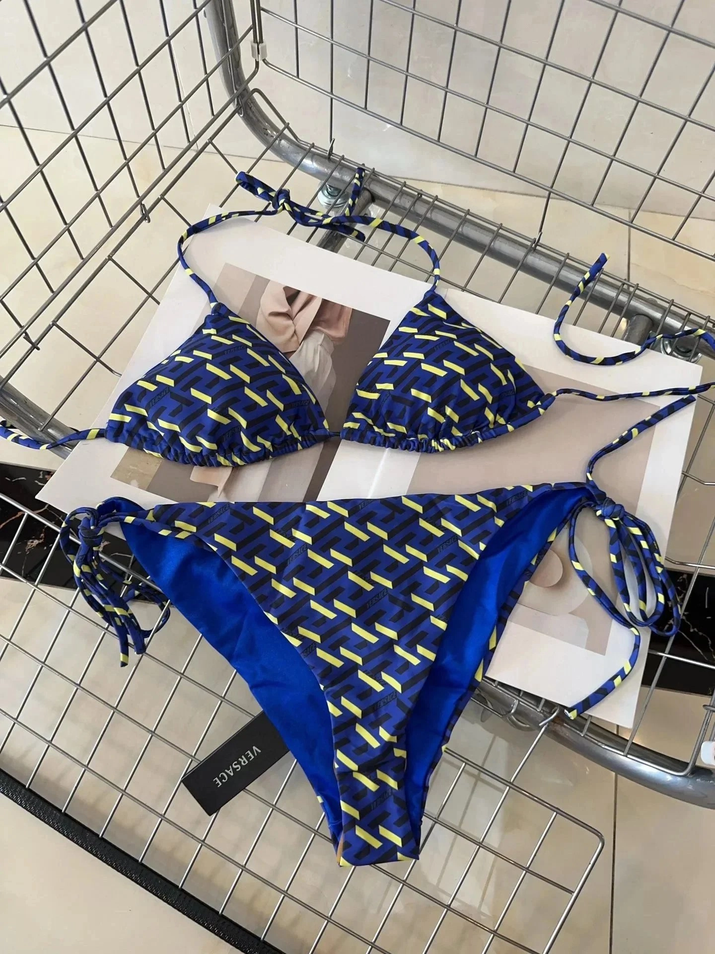 Versace Iconic Greca Pattern Blue Yellow Triangle Bikini Set