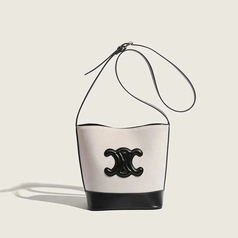 Celine Triomphe Canvas Bucket Bag - White with Black Logo