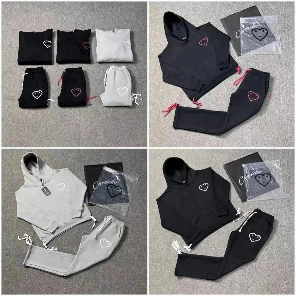 Carsicko Heart Embroidery Hoodie and Jogger Set Black White Gray
