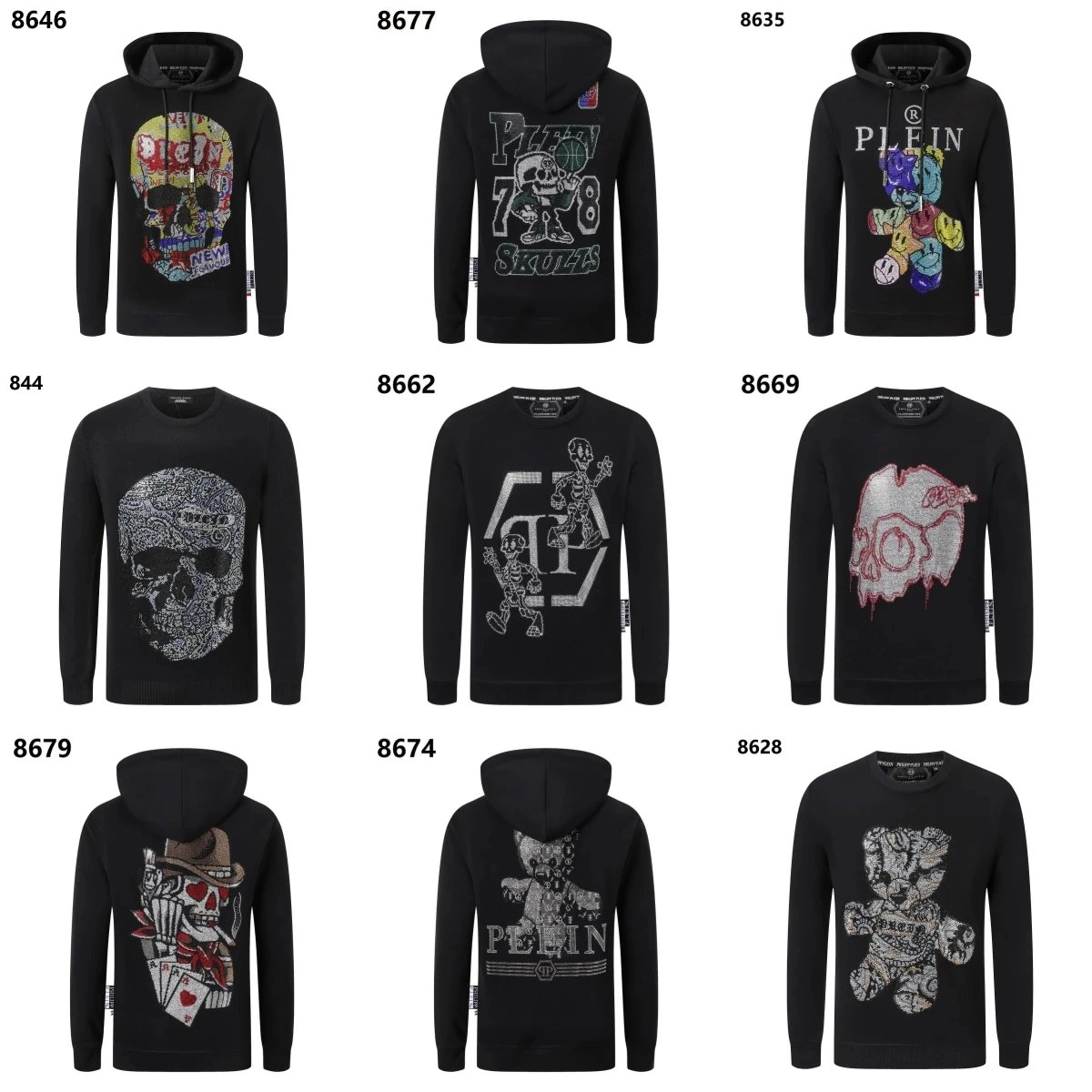 Philipp Plein Black Hoodie 8646 Skull Rhinestone Embellished