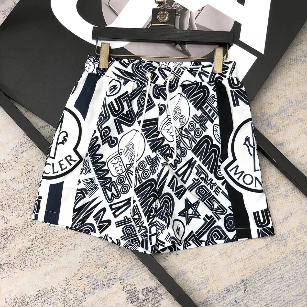 Moncler Logo Print Drawstring Shorts White Black Pattern