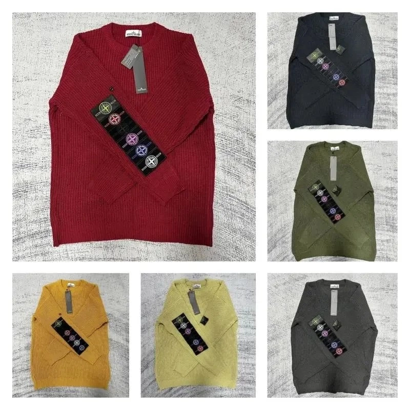 Stone Island Ribbed Knit Sweater with Compass Logo Tag - Burgundy