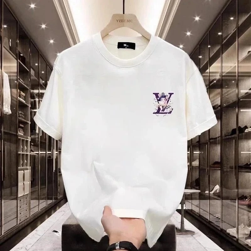 YZEFMC White T-Shirt with Purple LV-Style Floral Logo Print