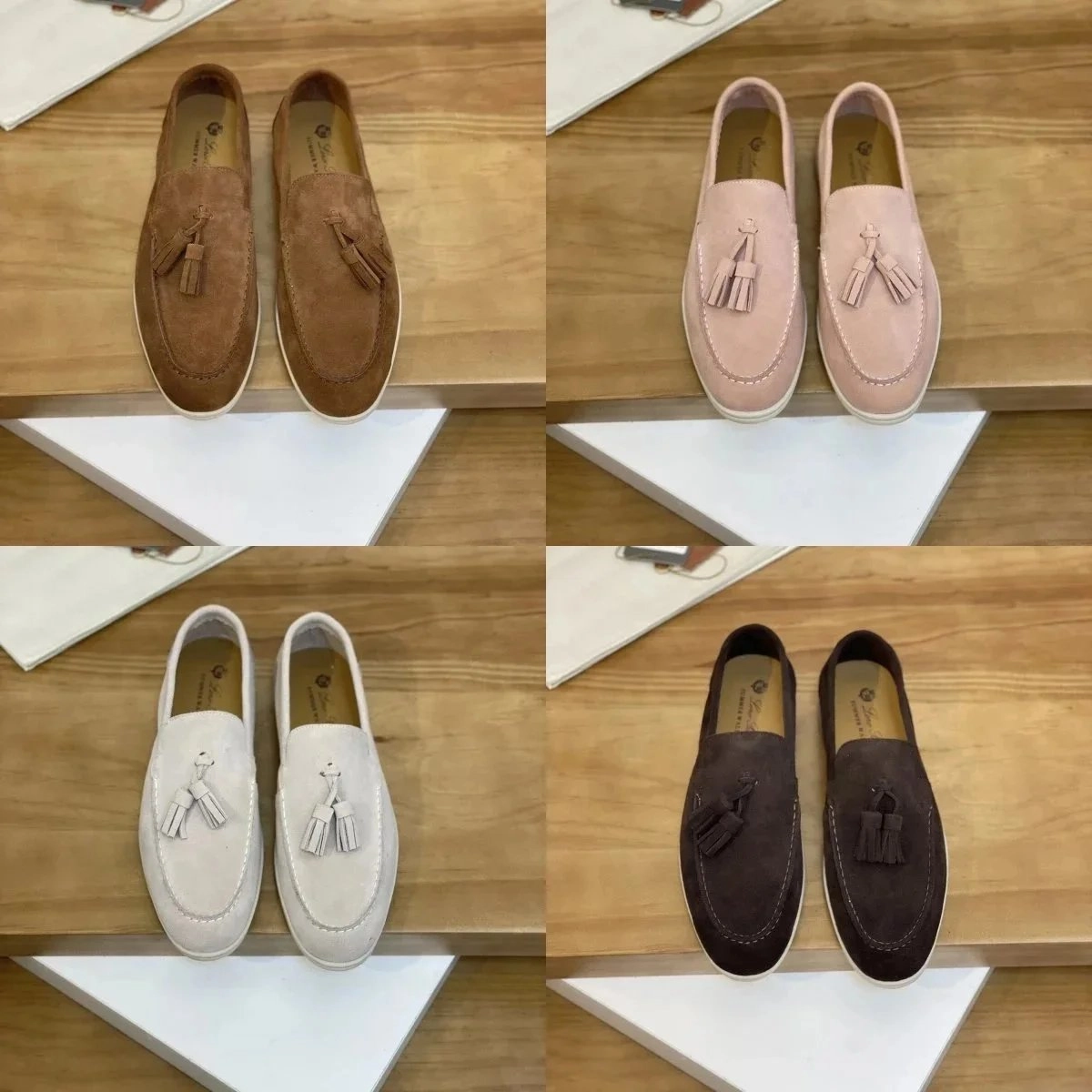 Santoni Tassel Loafer Suede Slip-On in Tan Pink White Brown