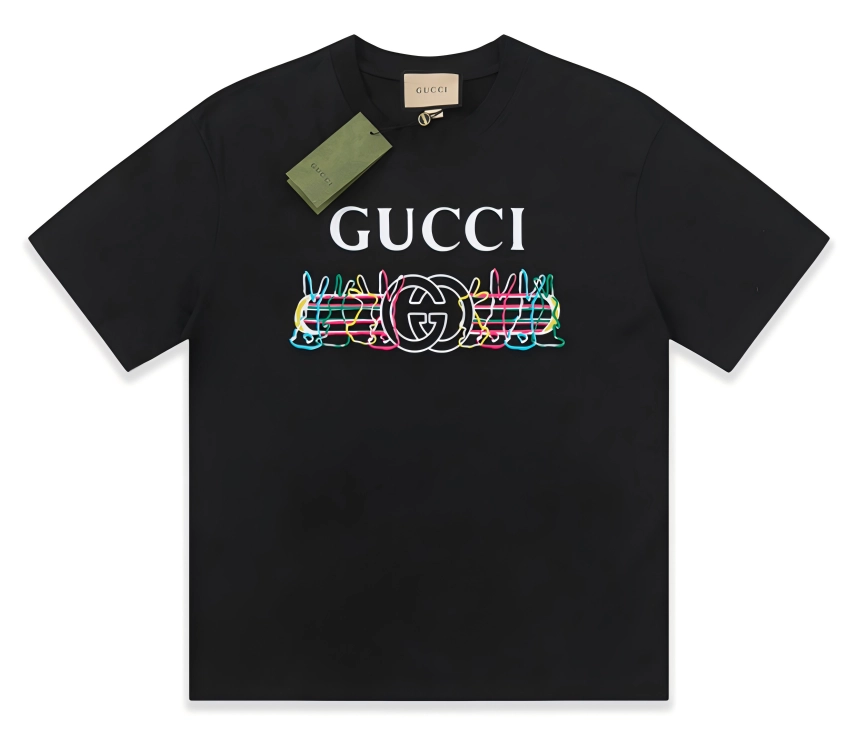 Gucci Black T-Shirt with Neon Interlocking GG Logo Print